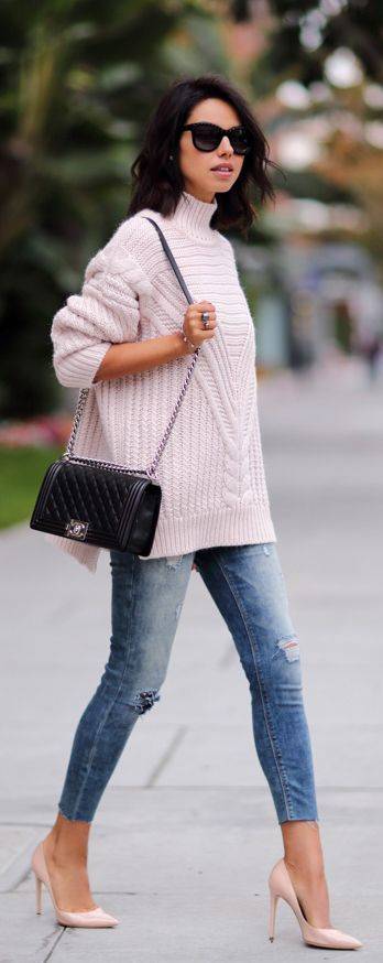 1448452725 street style casual pink knit denim