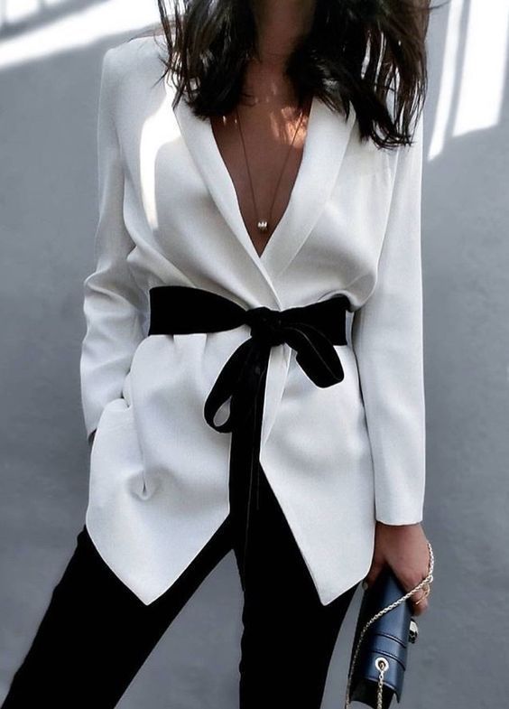 1523595409 13 black pants a white blazer with a black velvet sash with a bow for a creative office look