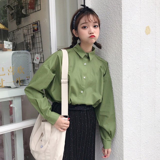 1524966974 mihoshop ulzzang korean korea women fashion clothing 2018 new lapel basic green long sleeve student shirt