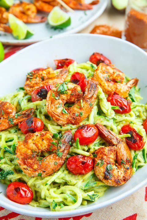1527832730 gallery 1494415837 creamy avocado zucchini noodle pasta with taco lime grilled shrimp 800 6735