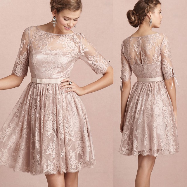 1528170291 wedding guest dresses 2015 bruidsmeisjes jurk see through half sleeve pink lace short bridesmaid dress gelinlik