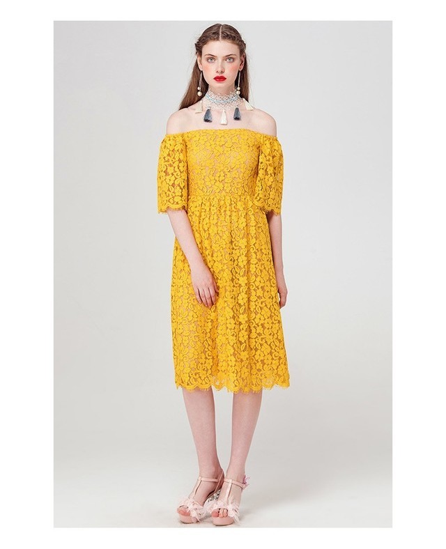 1528170600 yellow off the shoulder lace knee length wedding guest dress