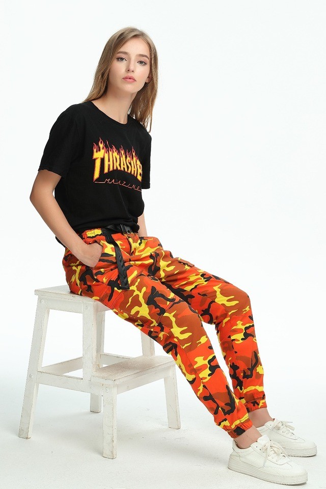 1530086927 2017 spring new arrival fashion street women bright color camouflage casual pants loose camo unisex orange