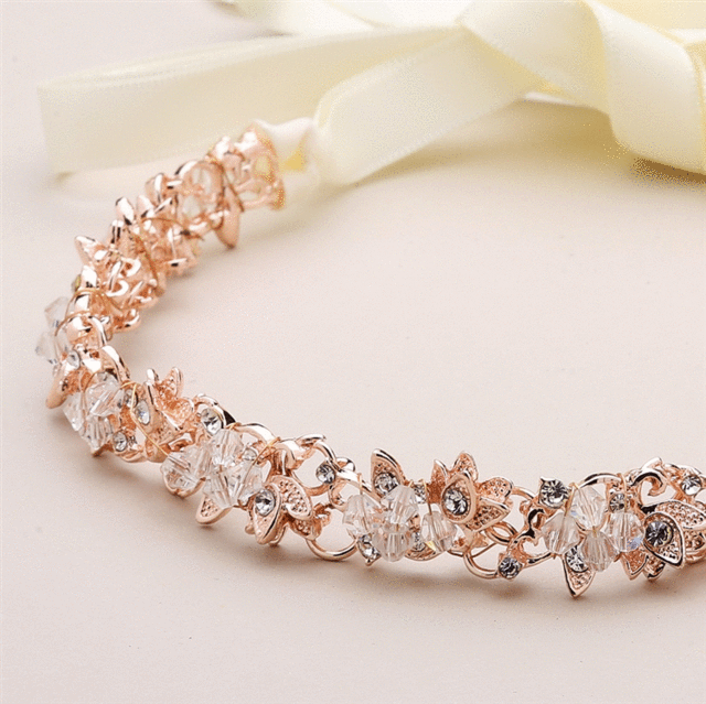 1538112140 rose gold bridal headband with crystal clusters and ivory ribbon 4
