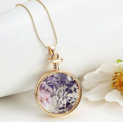 1540942741 fashion gold plated round glass pressed flower necklace diy dried flowers pendant necklace mixed colour