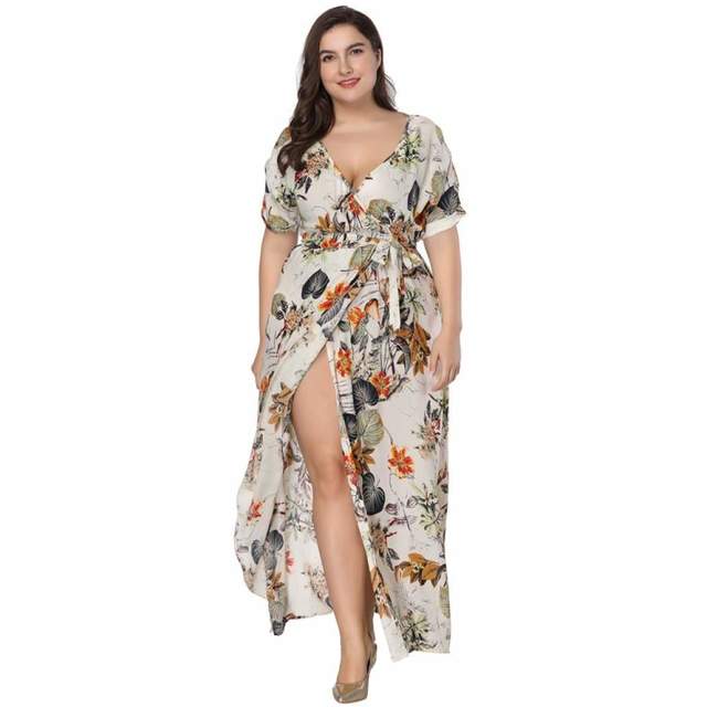 1556176181 plus size floral print boho dress 2018 fashion women summer short sleeve v neck wrap dress