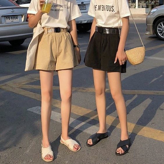 กางเกงผ้า ขาสั้น เอวสูง