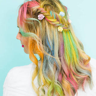 1444281627 1442368269 rainbow hair unicorn pastel style chalk ghd festival hair ideas fishtail plait crown and glory bespoke bride tutorial 1 copy