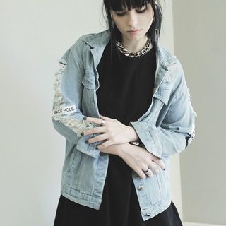 1478166940 denim jacket with patches chain necklace black skater dress