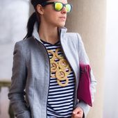 Icon 7. geometric inspired necklace with striped top and jacket