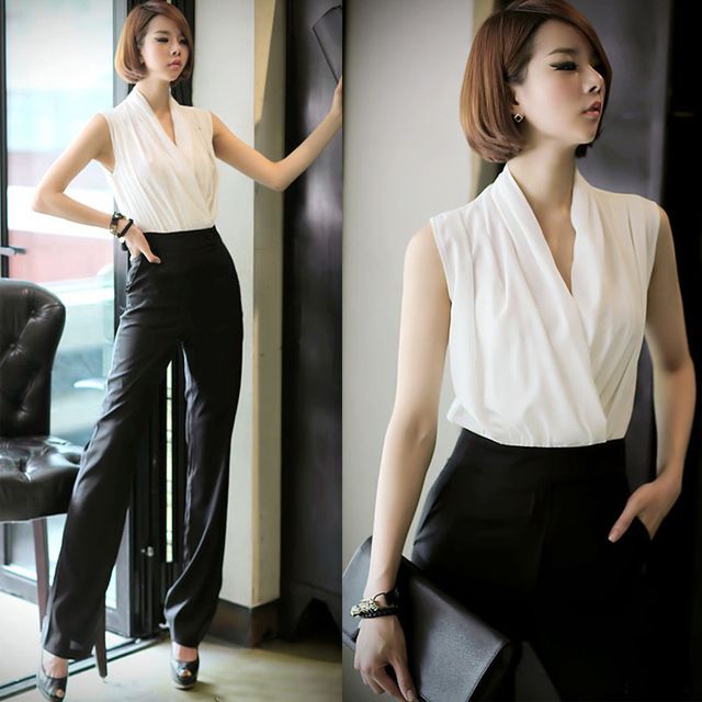 Free shipping new v neck jumpsuit women black white sexy club jumpsuit women overalls one piece