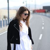 Icon clochet streetstyle outfit suite blanco suede black biker jacket frontrowshop white shirtdress 4