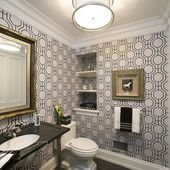 Icon modern powder room with geo style wallpaper