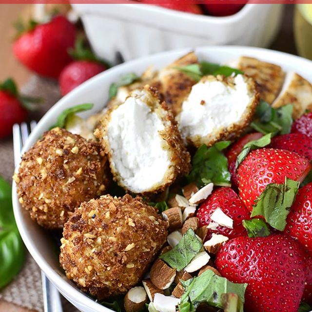 Strawberry basil chicken salad with fried goat cheese bombs iowagirleats 01