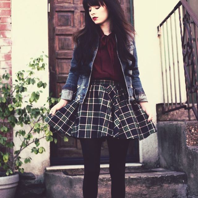 1477636913 denim jacket with plaid skirt boots blouse
