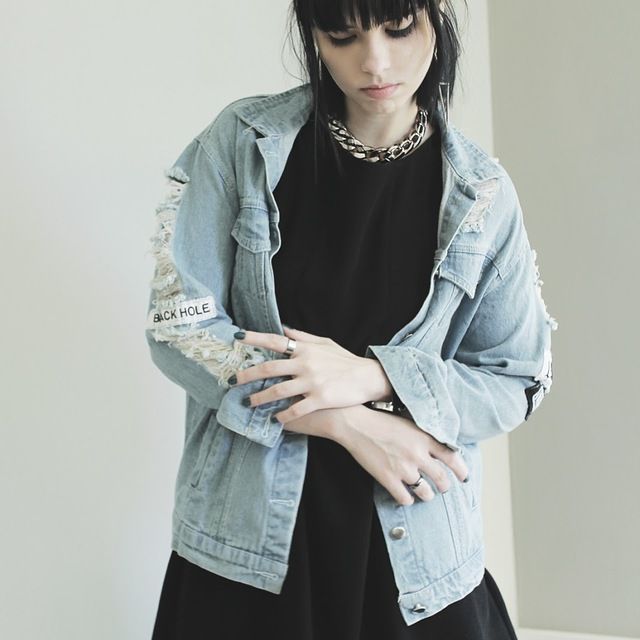 Denim jacket with patches chain necklace black skater dress