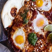 Icon indian style baked eggs green harissa naan