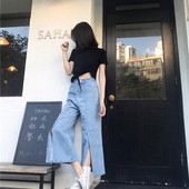 Icon mihoshop ulzzang korean korea women fashion clothing summer high waist blue denim cowboy wide leg pants