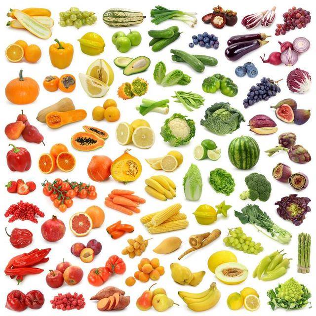 1443515285 various fruits and vegetables arranged by color