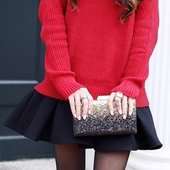 Icon black beanie red knit black skirt black pumps