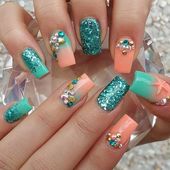 Icon 15 coral and turquoise nails with glitter rhinestones and beads