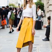 Icon mustard yellow asymmetrical leather skirt