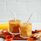 Icon health boosting vegan golden milk smoothie 7 ingred 5 minutes so tasty vegan glutenfree plantbased smoothie minimalistbaker 47 768x1152