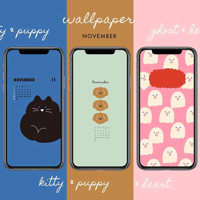 เปลี่ยนวอลฯ รับเดือน November ไดโซะโคเรียแจก Wallpaper สุดน่ารัก Kitty Puppy Ghost Heart